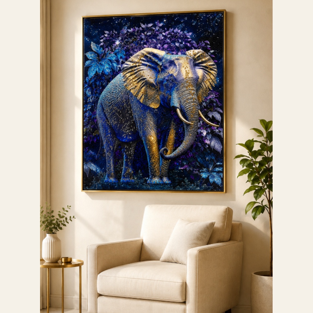 Royal Blue Elephant Wall Art with Luxury Console Setting – Premium Decorative Statement Piece
