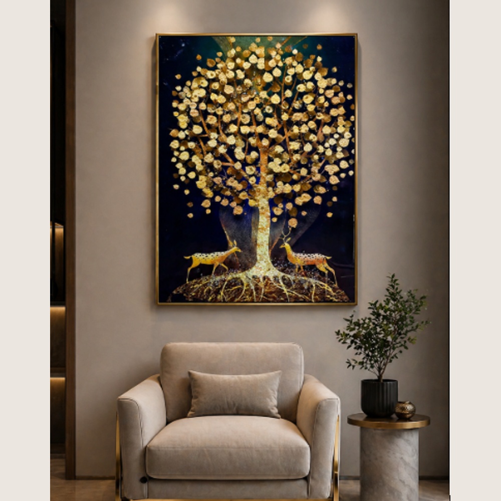 Golden Tree of Life Wall Art with Deer – Luxury Modern Crystal Painting for Elegant Living Room Décor