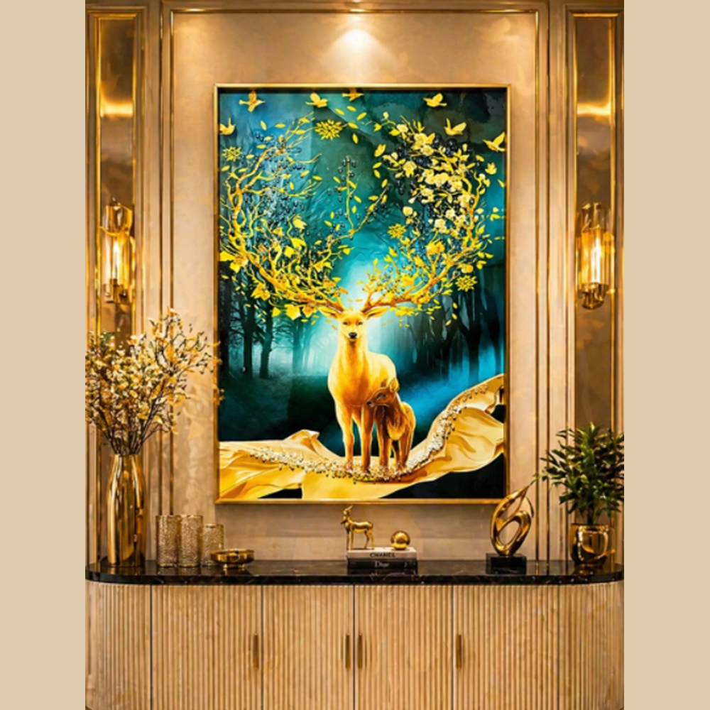 Golden Deer Crystal Art Wall Painting – Luxury Nature-Inspired Modern Wall Decor for Living Room & Hallway