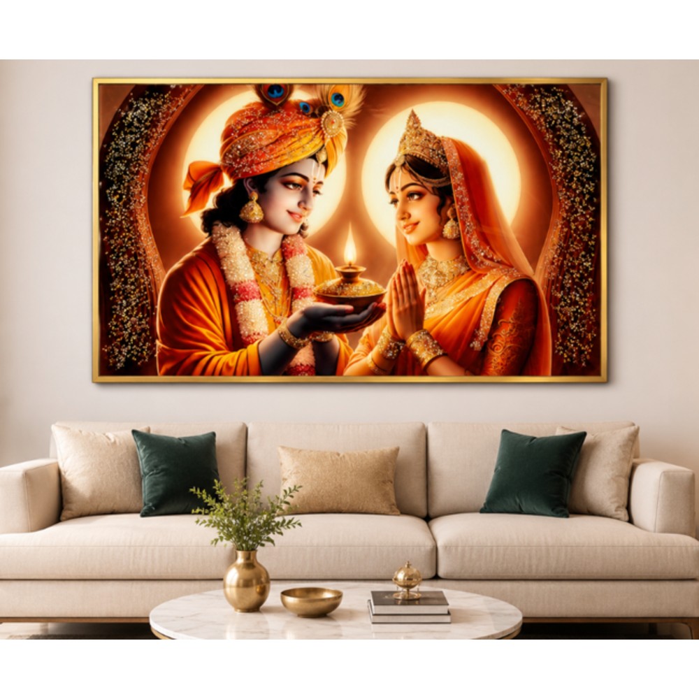 Radha Krishna Divine Blessing Wall Art – Luxury Gold Framed Crystal Painting
