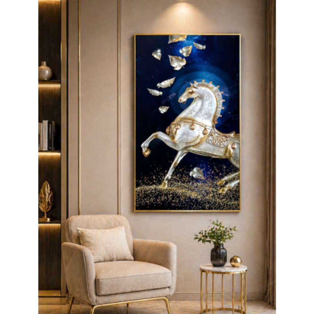Royal White Horse Crystal Art Wall Painting – Luxury Blue & Gold Modern Wall Decor for Living Room & Bedroom