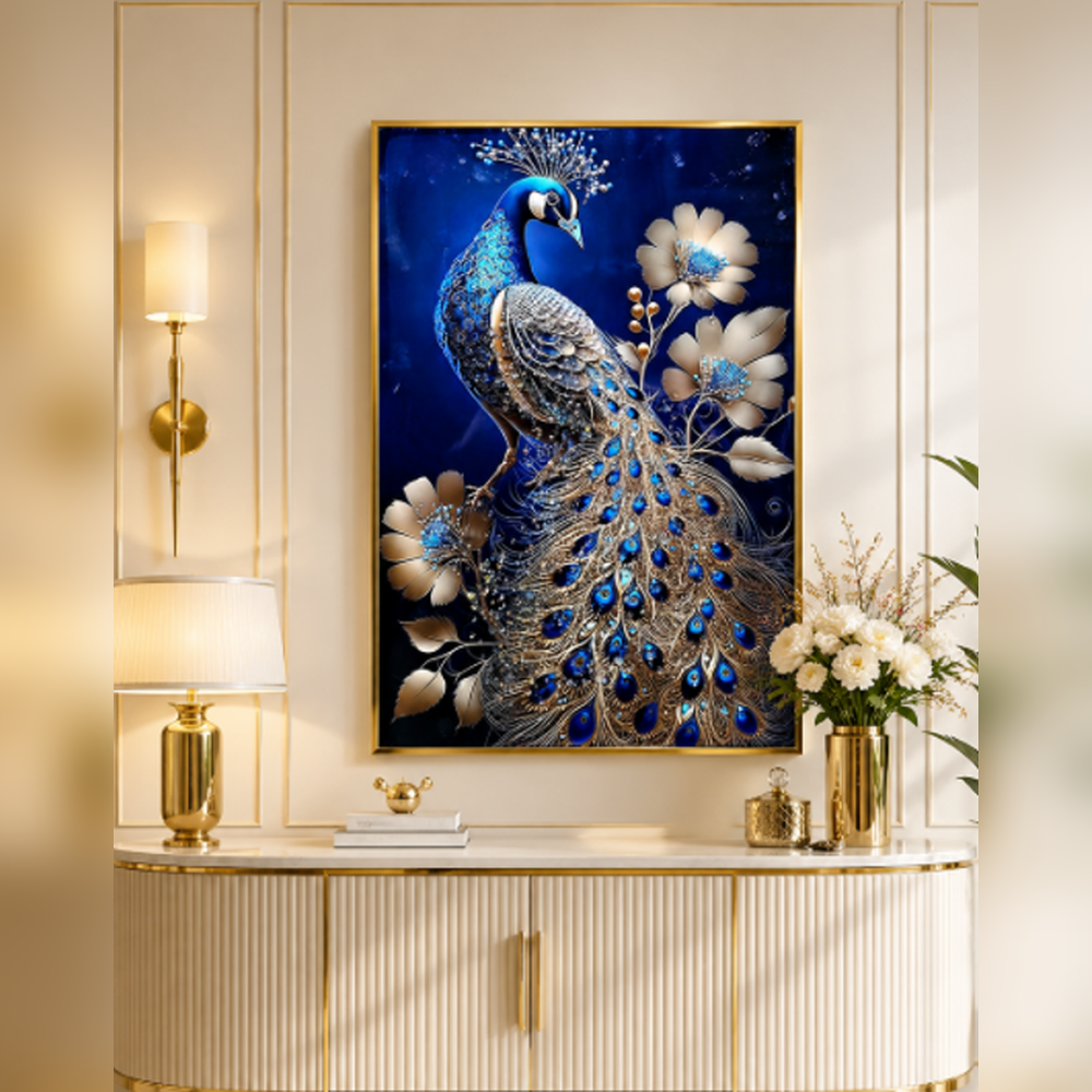 Royal Blue Peacock Luxury Crystal Painting – Elegant Floral Gold Framed Painting