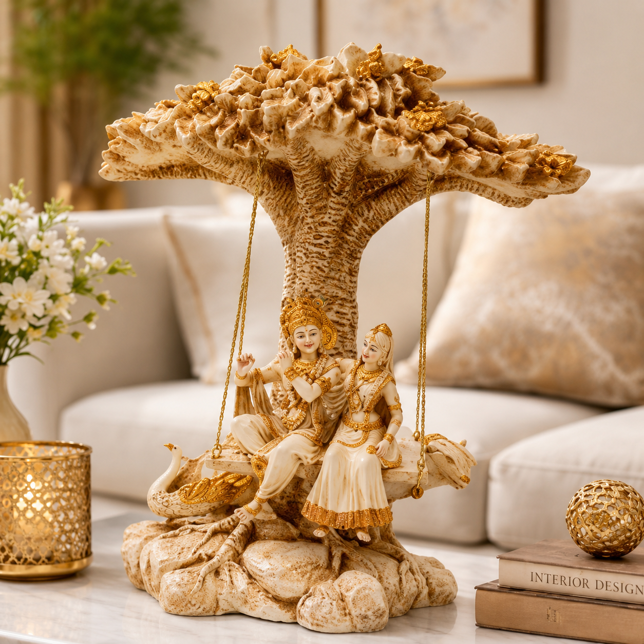 Radha Krishna Jhula Resin Showpiece with Wall Hanging | Lord Krishna with Radha on Swing Under Tree | Religious Home Décor