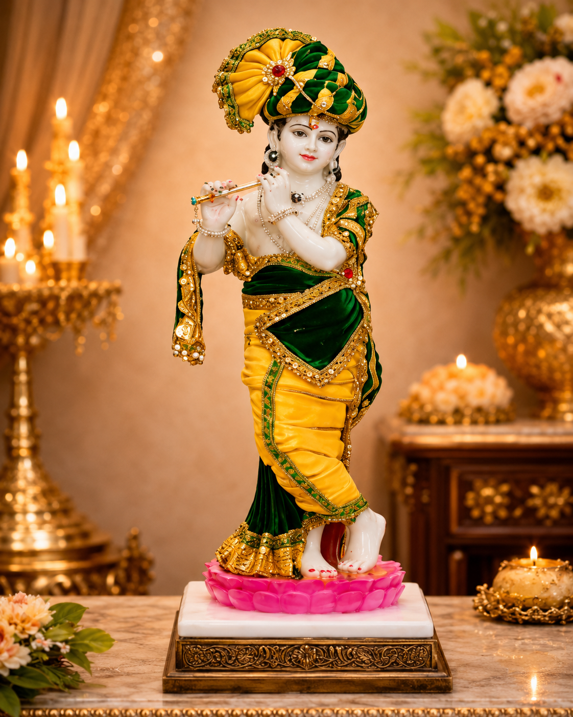 Premium Lord Krishna Idol with Flute in Lotus | Resin Kanha Ji ki Murti | Sri Krishna Idols for Gift