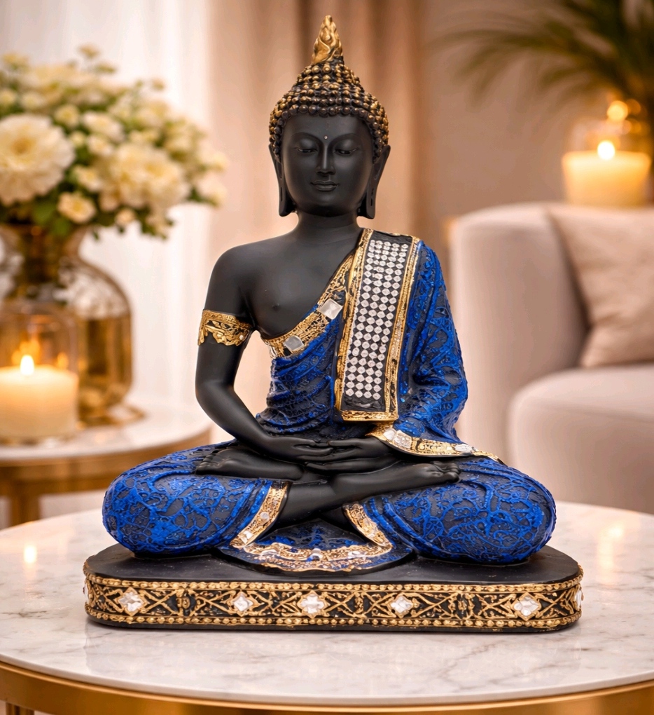 Premium Meditating Buddha Statue (Black & Royal Blue)| Elegant Buddha Figurine in Black & Blue with Gold Finish | Luxury Black & Blue Buddha Idol with Gold Detailing – Elegant Table Décor
