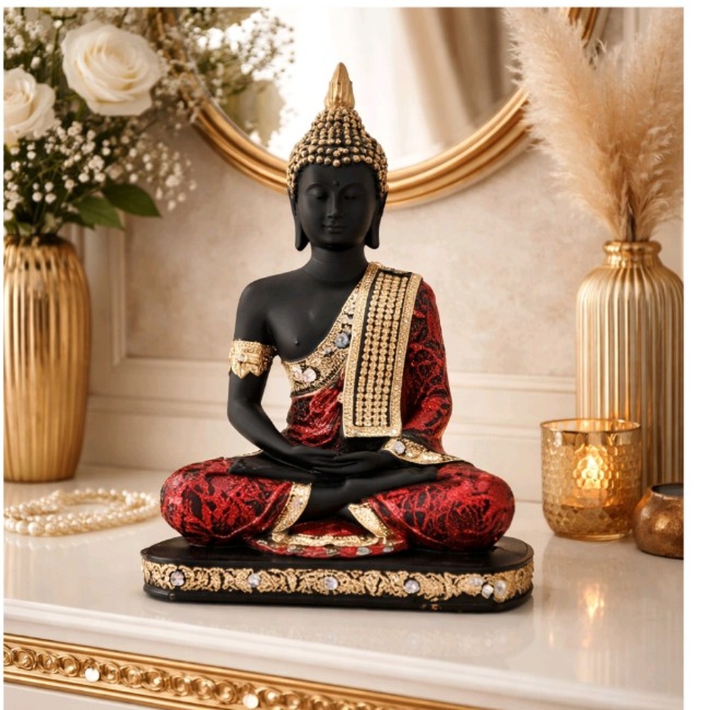 Premium Meditating Lord Gautam Buddha Statue with Red & Gold Robe – Premium Console Décor | Peaceful Buddha Decor Statue – Elegant Gift for Home