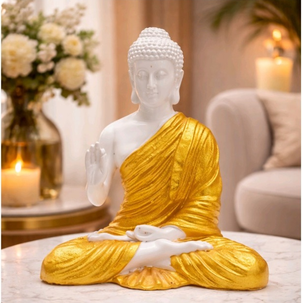 Luxury Meditating Buddha Statue in White & Gold Finish | Premium Buddha Figurine with Golden Robe – Home & Office Décor | Elegant & Calming Decor Piece