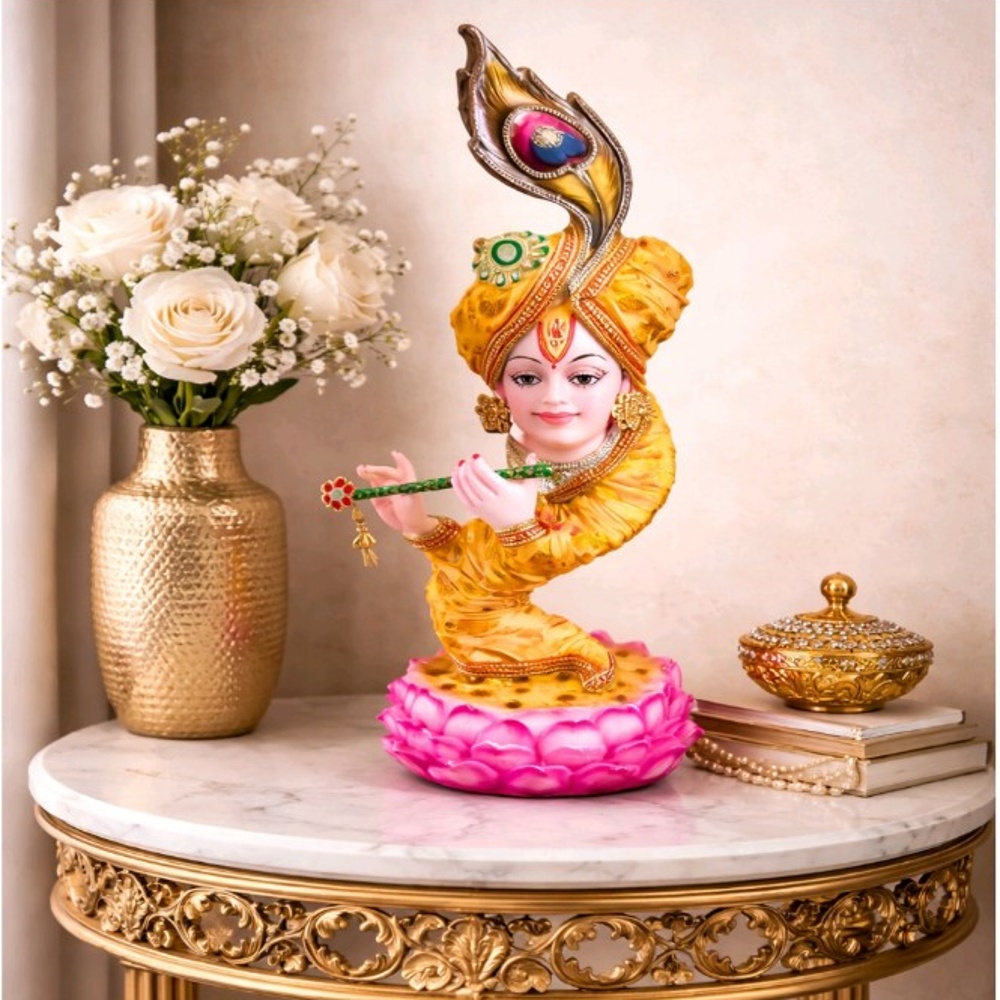 Modern Art Lord Krishna Idol playing the flute and wearing a peacock feather turban (23 inch)