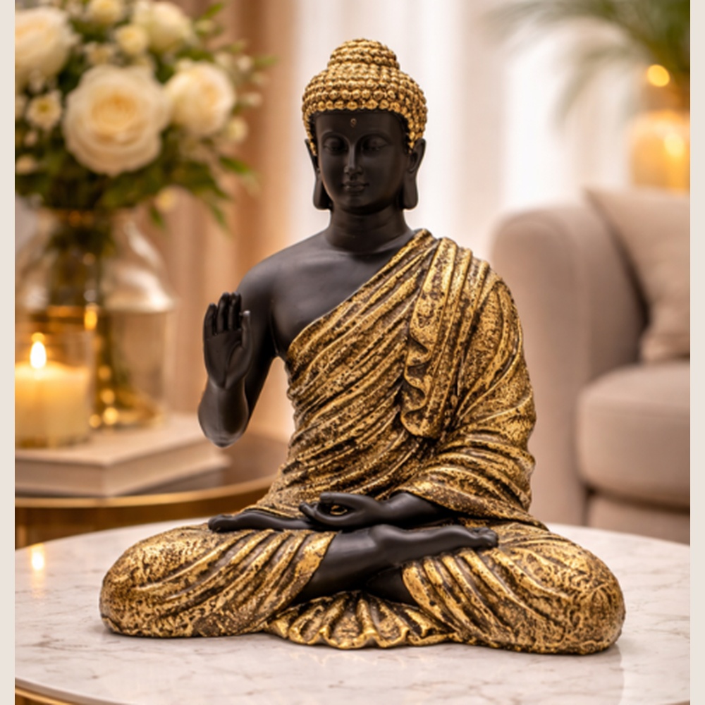 Luxury Meditating Buddha Statue in Black & Gold Finish | Premium Buddha Figurine with Golden Robe – Home & Office Décor | Elegant & Calming Decor Piece
