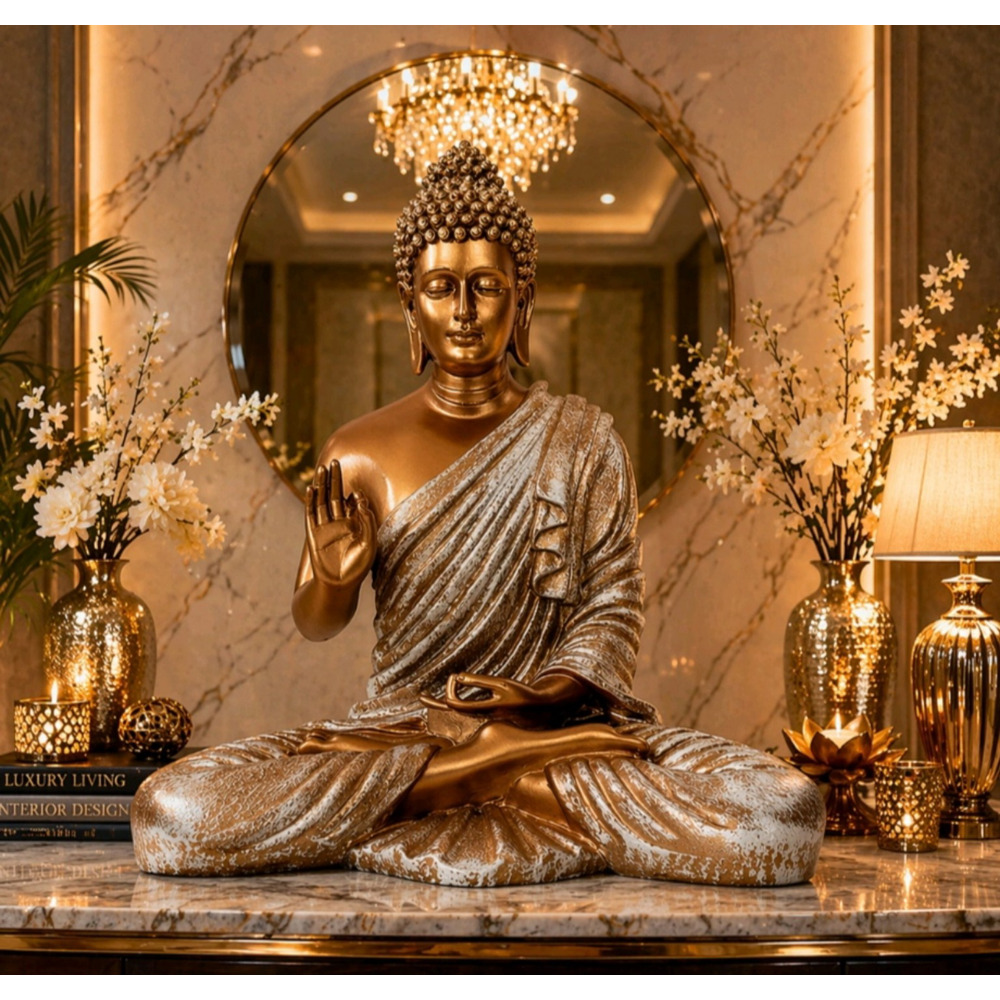 Luxury Meditative Buddha Sculpture (15 INCH) Modern Zen Home Styling | Luxury Living Room Centerpiece | Golden Peace Buddha Sculpture