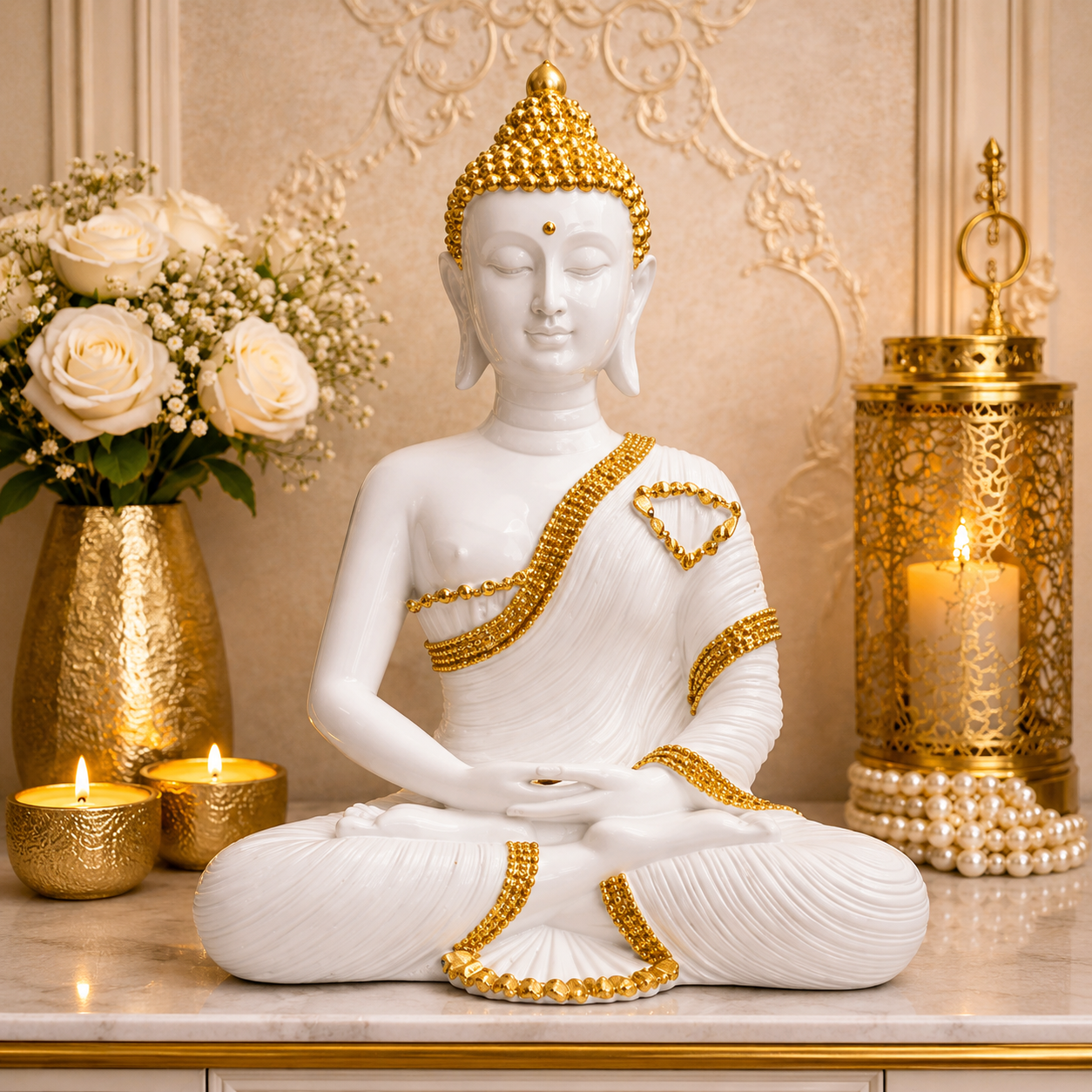 Luxury White & Gold Meditating Buddha Idol ( 12 INCH ) Elegant Home Decor Showpiece |  Buddha Murti for Living Room, Office & Temple | Spiritual Showpiece for Positive Energy & Vastu