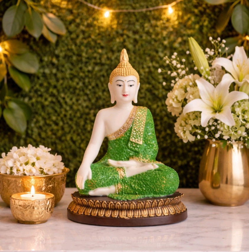 Luxury Green Meditating Buddha Idol (11.5 INCH) | Symbol of Peace & Prosperity Décor | Premium Emerald Buddha Idol – Elegant Spiritual Decor for Modern Homes | Luxury Console Table Decor Showpiece