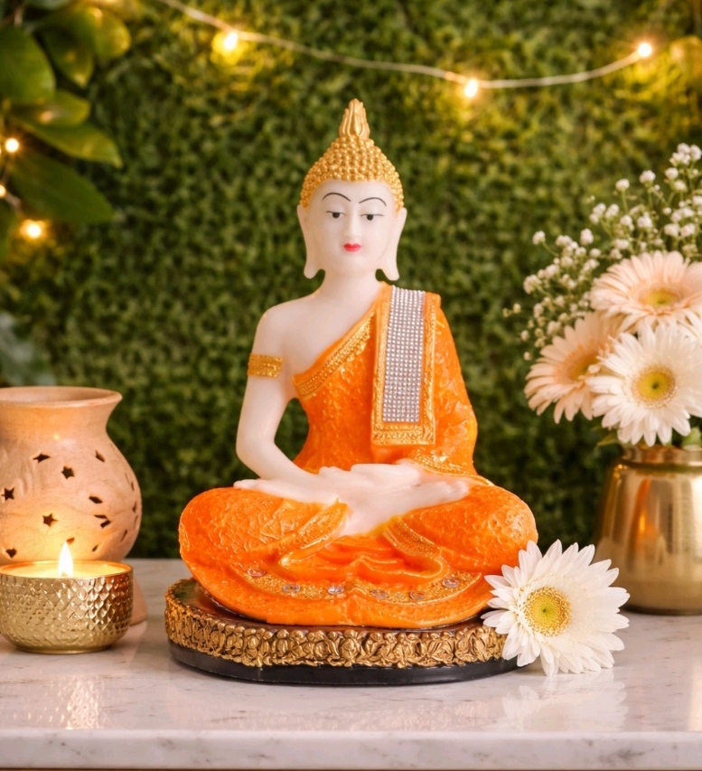 Premium Meditation Buddha Idol (11.5 Inch) | Bright Orange Aesthetic Decor | Luxury Orange Meditating Buddha Idol | Luxury Console Table Décor for Office & Home