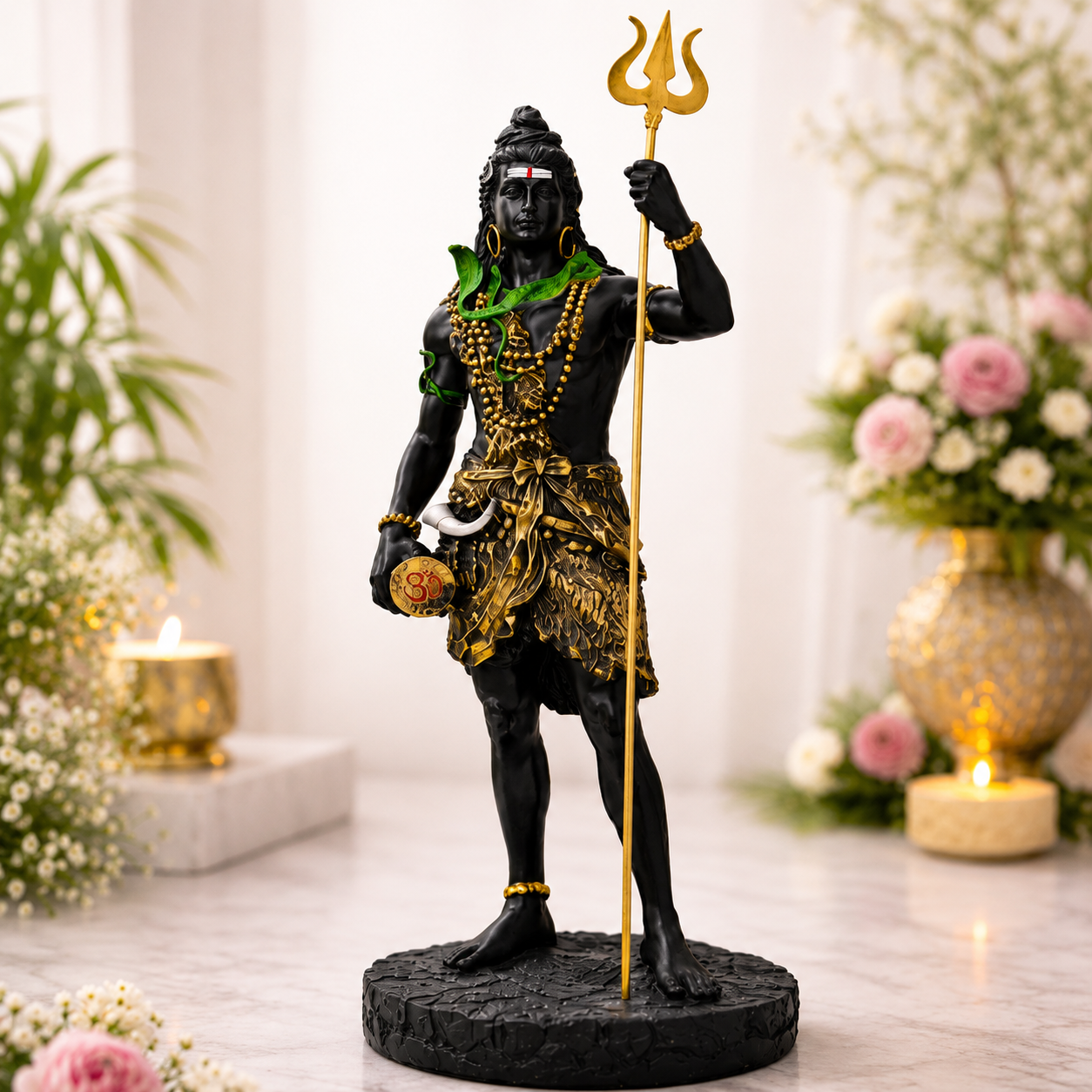 Standing Lord Shiva Idol with Trishul and Damru (24 inch) | Golden & Black Brass Handcrafted  | Exquisite Hindu God Statue for Puja Room, Meditation, Home Decor - Gift for Housewarming, Mahashivaratri