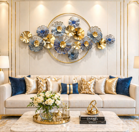 Luxury Golden & Silver Floral Metal Wall Art with Circular Frame – Modern 3D Wall Décor