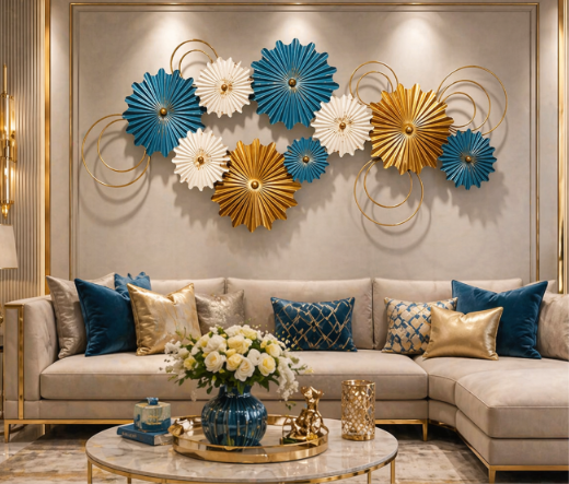 Luxury Abstract Medallion Metal Wall Art – 3D Blue, White & Gold Metal Wall Art Gold & Metallic Disc Wall Décor for Living Room & Modern Interiors