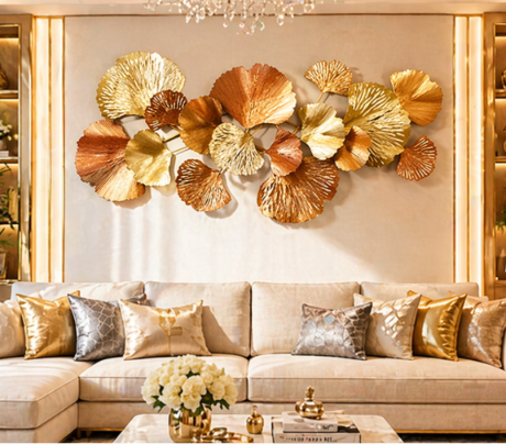 Luxury Rose Gold & Champagne Leaf Metal Wall Art – Modern 3D Abstract Wall Décor