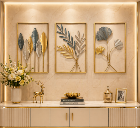 Luxury Botanical Metal Wall Art Set of 3 – Premium Gold & Silver Leaf Wall Décor for Living Room, Bedroom & Hallway