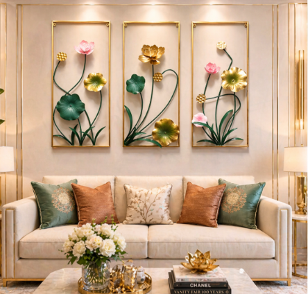 Luxury 3-Piece Lotus Flower Metal Wall Art Set – Premium Gold, Green & Pink Botanical Wall Décor for Living Room, Bedroom & Hallway