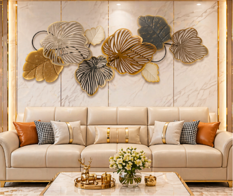 Luxury Multicolor Metal Leaf Wall Art – Modern 3D Floral Wall Décor for Living Room & Bedroom