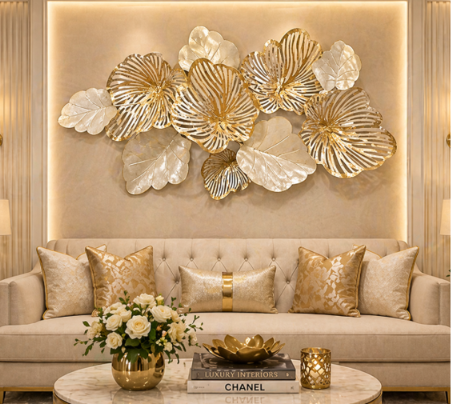 Luxury Gold & Ivory Metal Leaf Wall Art – Elegant 3D Floral Wall Decor for Living Room & Bedroom