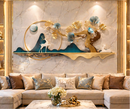Luxury Deer & Tree Metal Wall Art – Modern 3D Scenic Wall Décor in Blue, Gold & Ivory