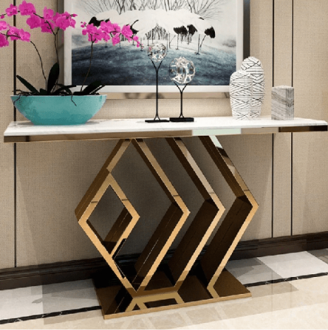 Geometric Gold Frame Console Table with Marble Top – Modern Luxury Entryway & Hallway Table