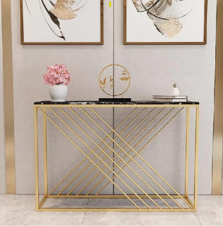 Luxury Gold Grid Console Table with Marble Top – Modern Minimalist Entryway & Hallway Table