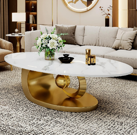 Luxury Marble Top Center Table with Stainless Steel PVD Sculptural Base – Luxury Coffee Table for Living Room