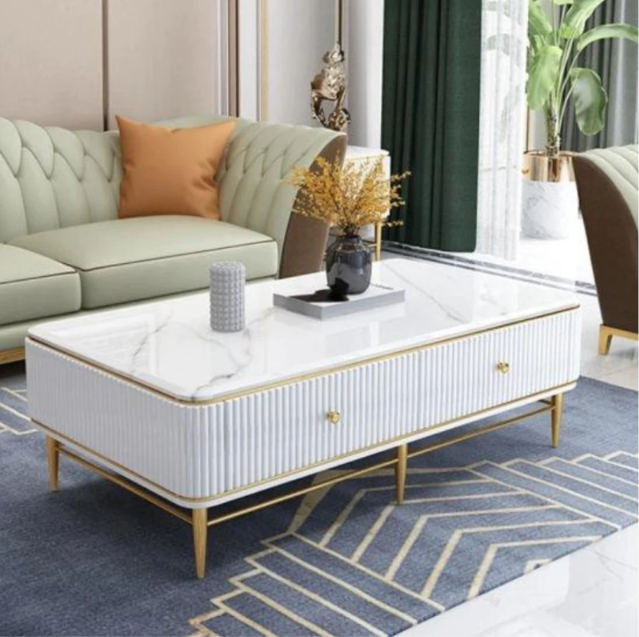 Grand Luxe White & Gold Storage Center Table with Marble Top – Stainless Steel PVD Base