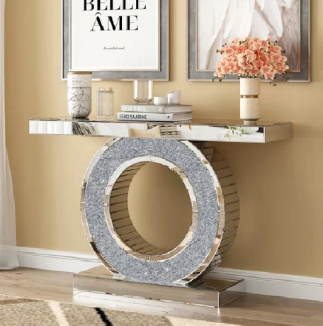 Diamond Ring Console Table with Mirrored Top & Gold Finish – Luxury Designer Entryway Table