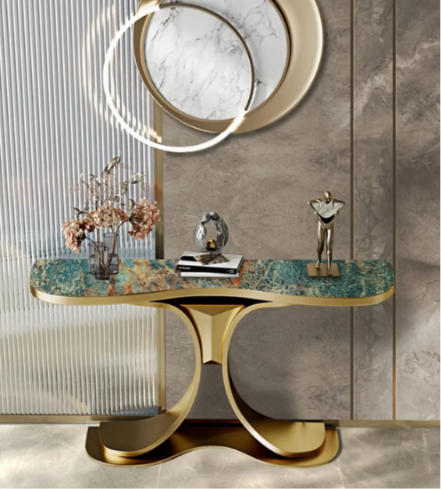 Ocean Vein Marble Console Table with Curved Gold Base – Modern Luxury Entryway Table