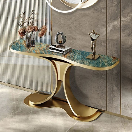 Ocean Vein Marble Console Table with Curved Gold Base – Modern Luxury Entryway Table