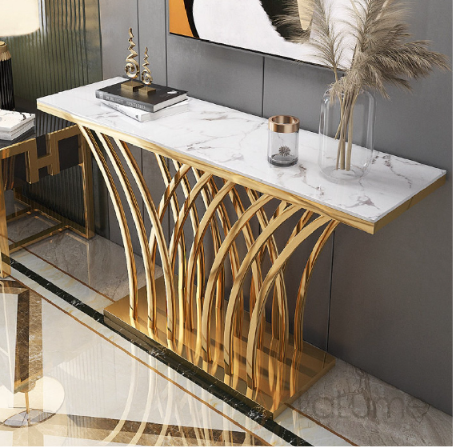 Luxury Golden Marble Console Table with Designer Stainless Steel Base – Modern Entryway Console