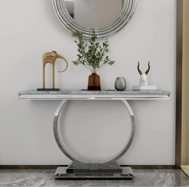 Single Ring Chrome/Gold Console Table with Marble Top – Modern Luxury Entryway & Hallway Table
