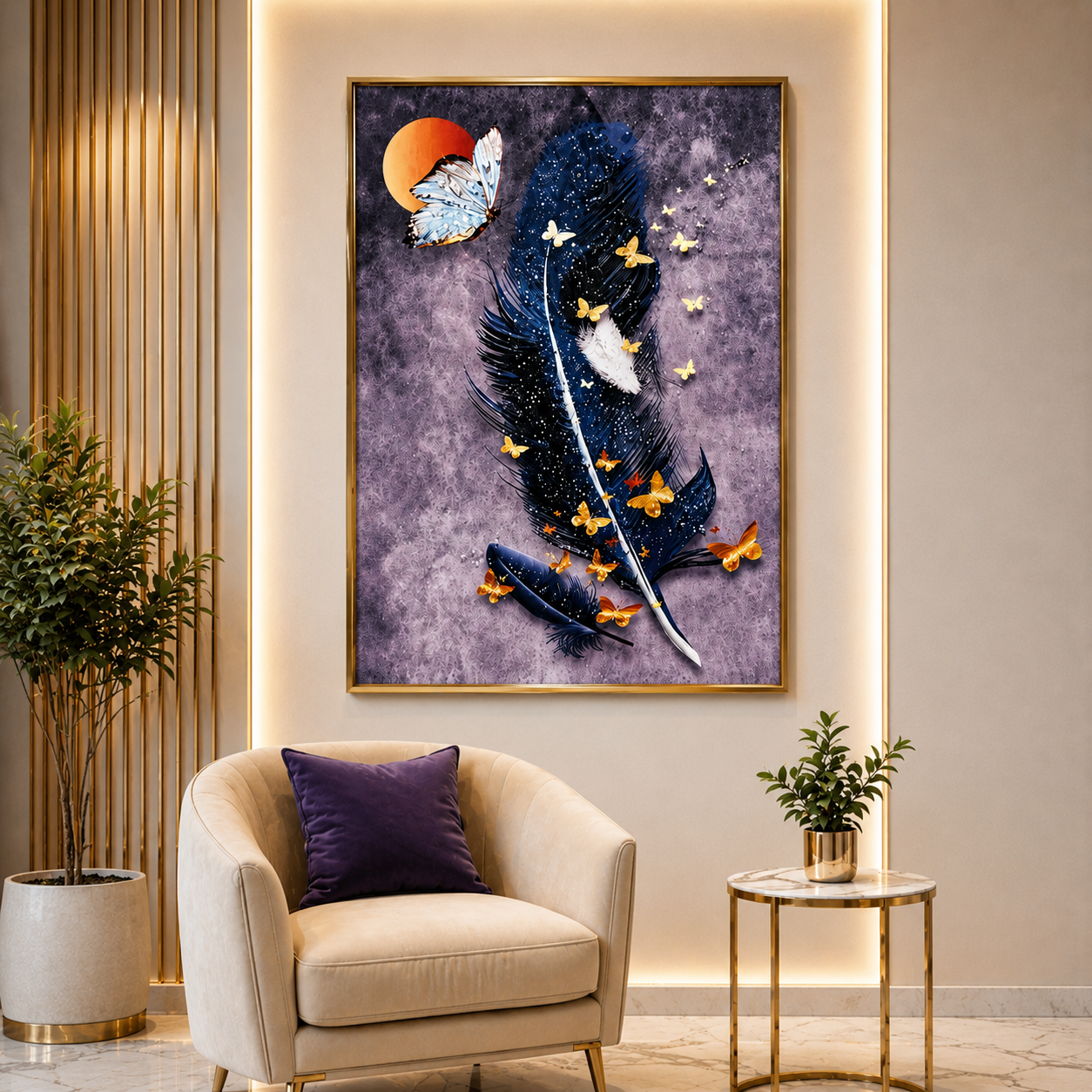 Midnight Feather & Butterfly Crystal Art | Luxury Abstract Wall Decor
