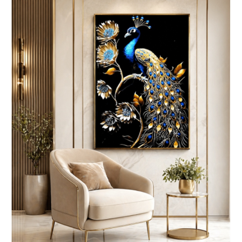 Royal Sapphire Peacock Wall Art – Luxury Gold & Blue Crystal Finish | Modern Statement Decor