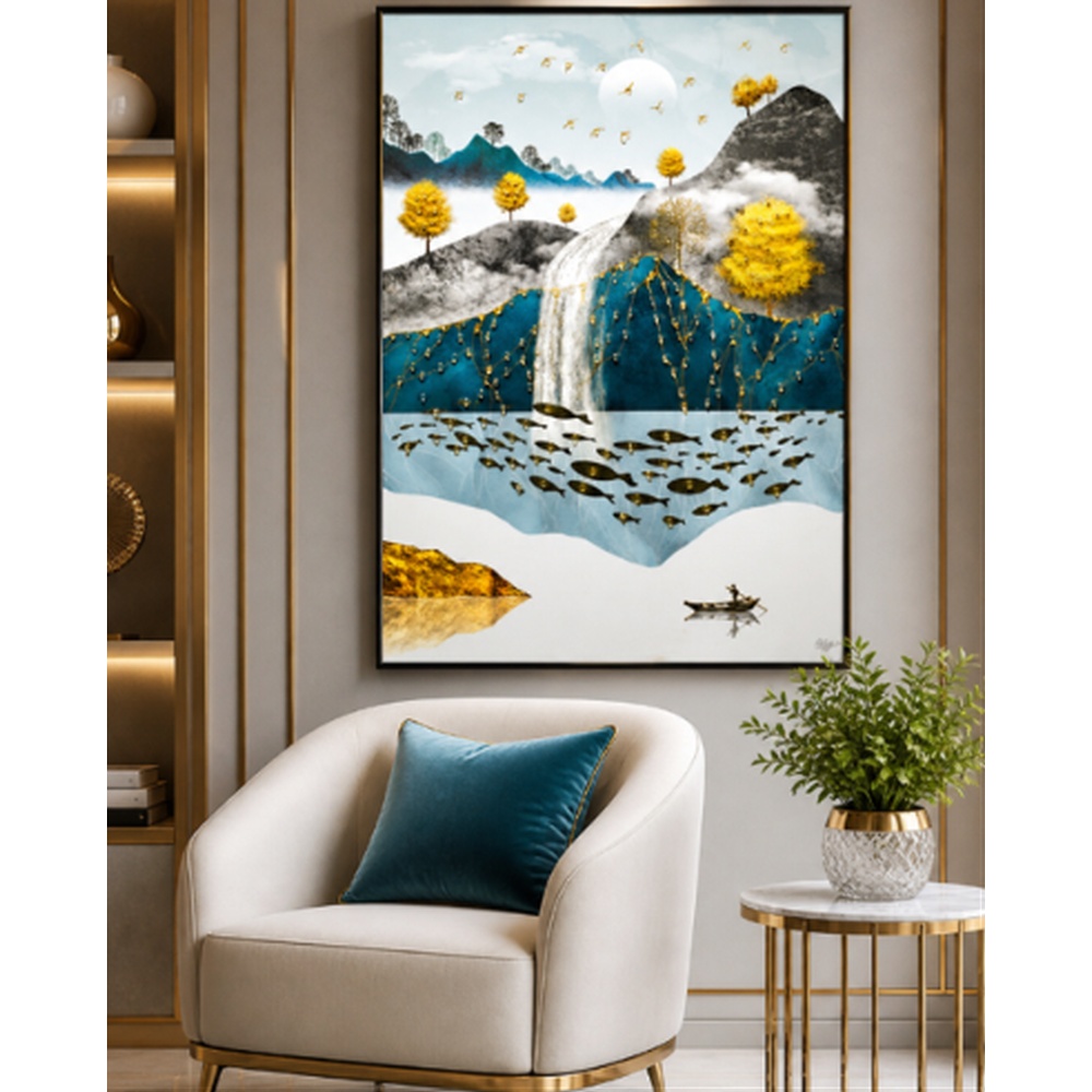Golden Serenity Landscape Crystal Wall Art – Modern Luxury Scenic Masterpiece