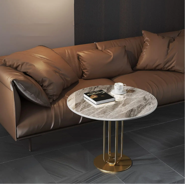 Luxury Marble Top Gold Accent Table | Modern Round Side Table for Living Room, Bedroom & Lounge