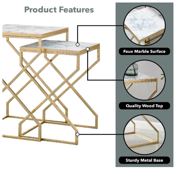 Luxury Nesting Side Table Set of 2 | Gold Metal Frame with Marble-Finish Top | Modern End Tables for Living Room & Bedroom
