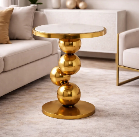 Luxury Gold Orb Accent Side Table | Modern Marble-Top End Table for Living Room, Bedroom & Lounge