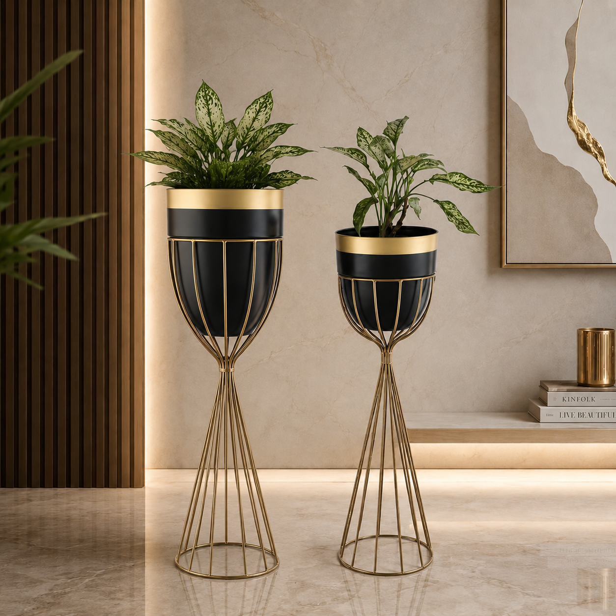 Luxury Black & Gold Metal Planter Stand Set of 2 – Modern Decorative Indoor Plant Holders