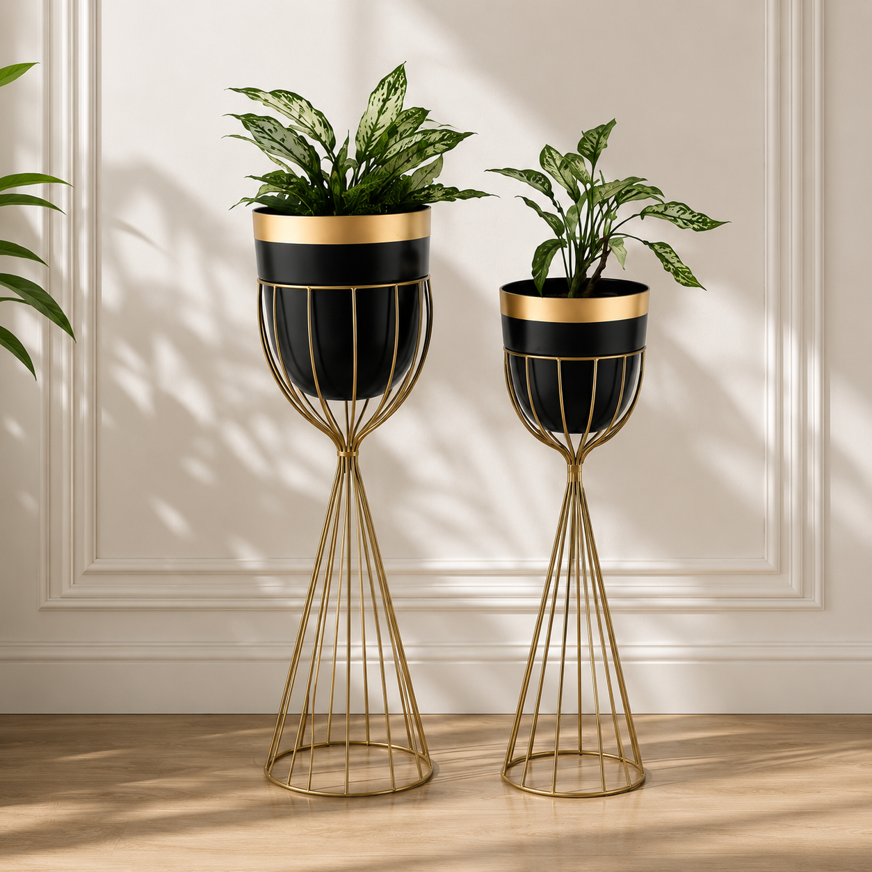 Luxury Black & Gold Metal Planter Stand Set of 2 – Modern Decorative Indoor Plant Holders