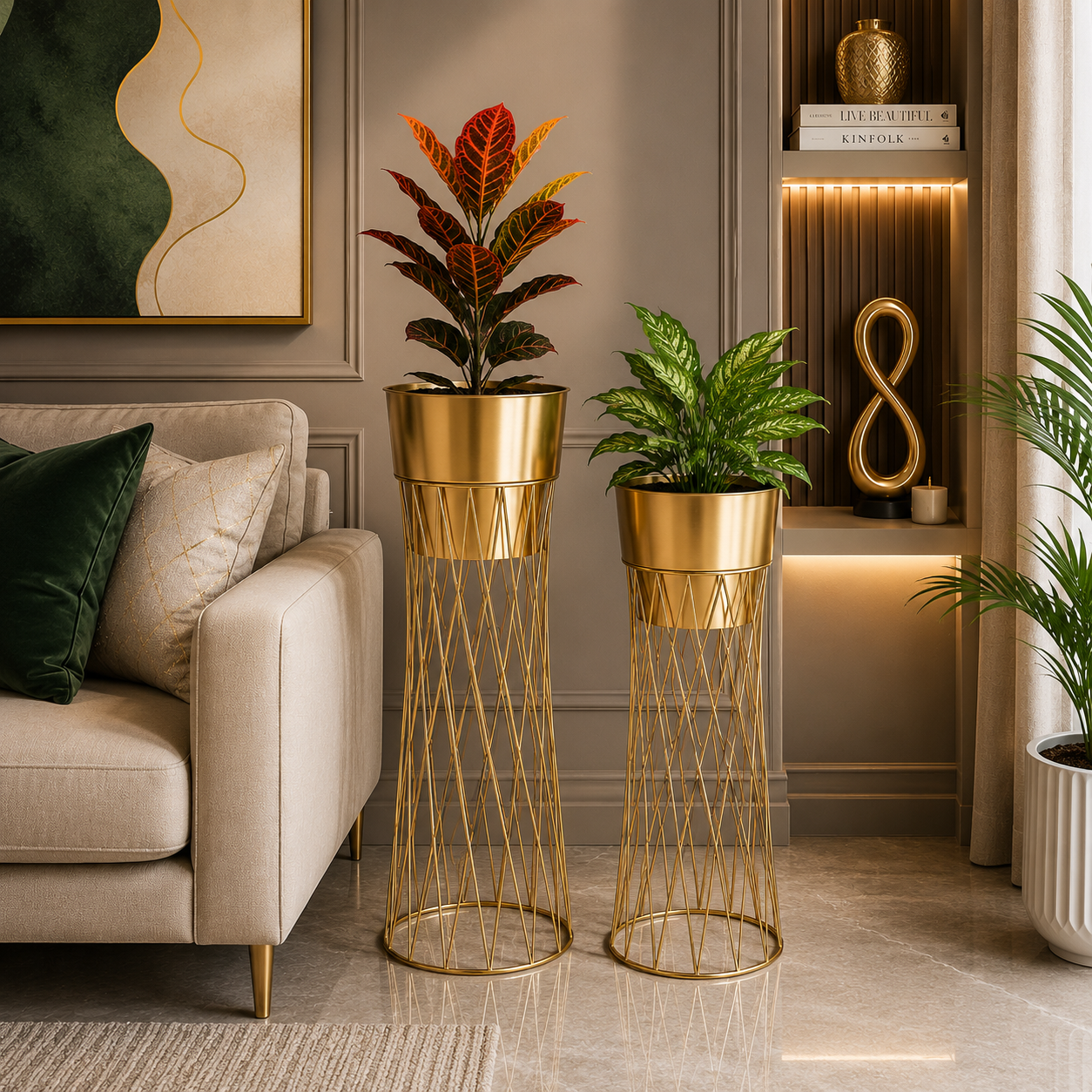 Aurum Geometric Wire Planter Stand Set of 2 – Luxury Gold Metal Plant Holders for Modern Home Décor