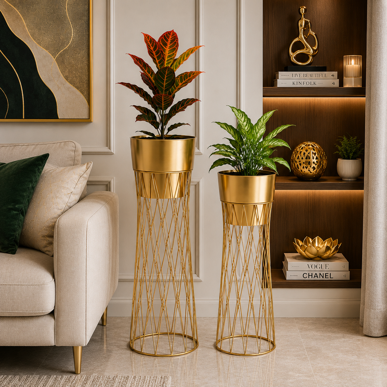 Aurum Geometric Wire Planter Stand Set of 2 – Luxury Gold Metal Plant Holders for Modern Home Décor