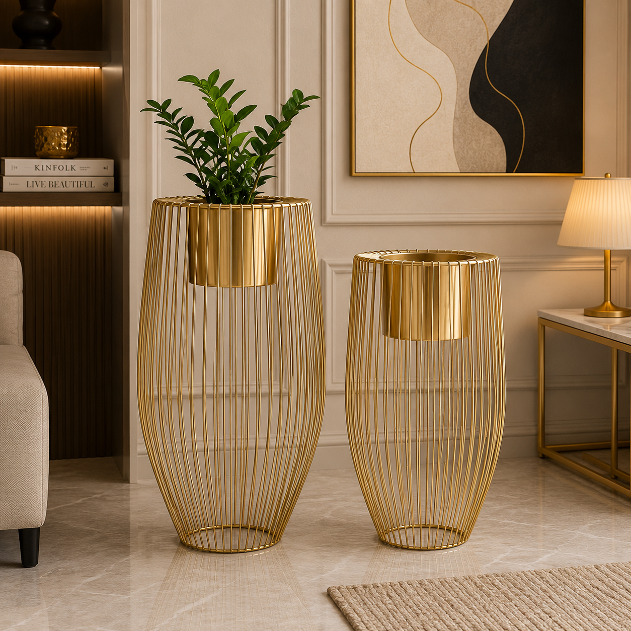 Luxury Gold Wire Frame Planter Stand Set of 2 – Modern Decorative Floor Plant Holders for Elegant Home Décor