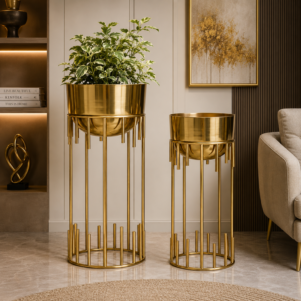Luxury Gold Metal Planter Stand Set of 2 – Modern Designer Floor Plant Holders for Elegant Home Décor