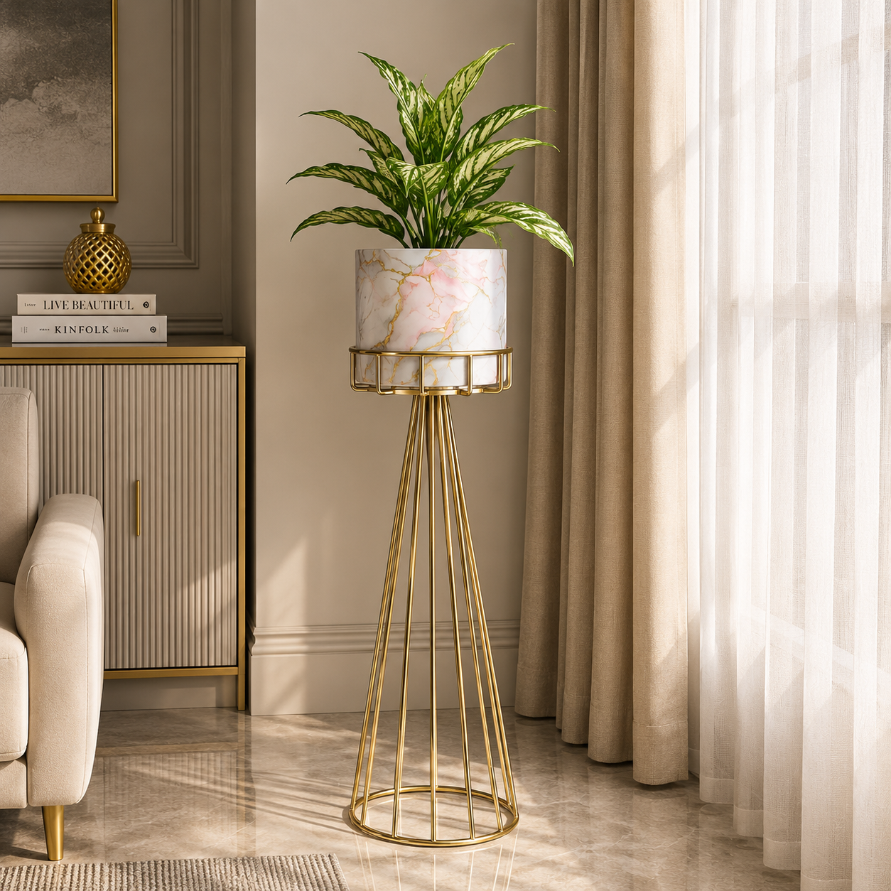 Luxury Gold Metal Planter Stand Set of 2 – Modern Designer Floor Plant Holders for Elegant Home Décor