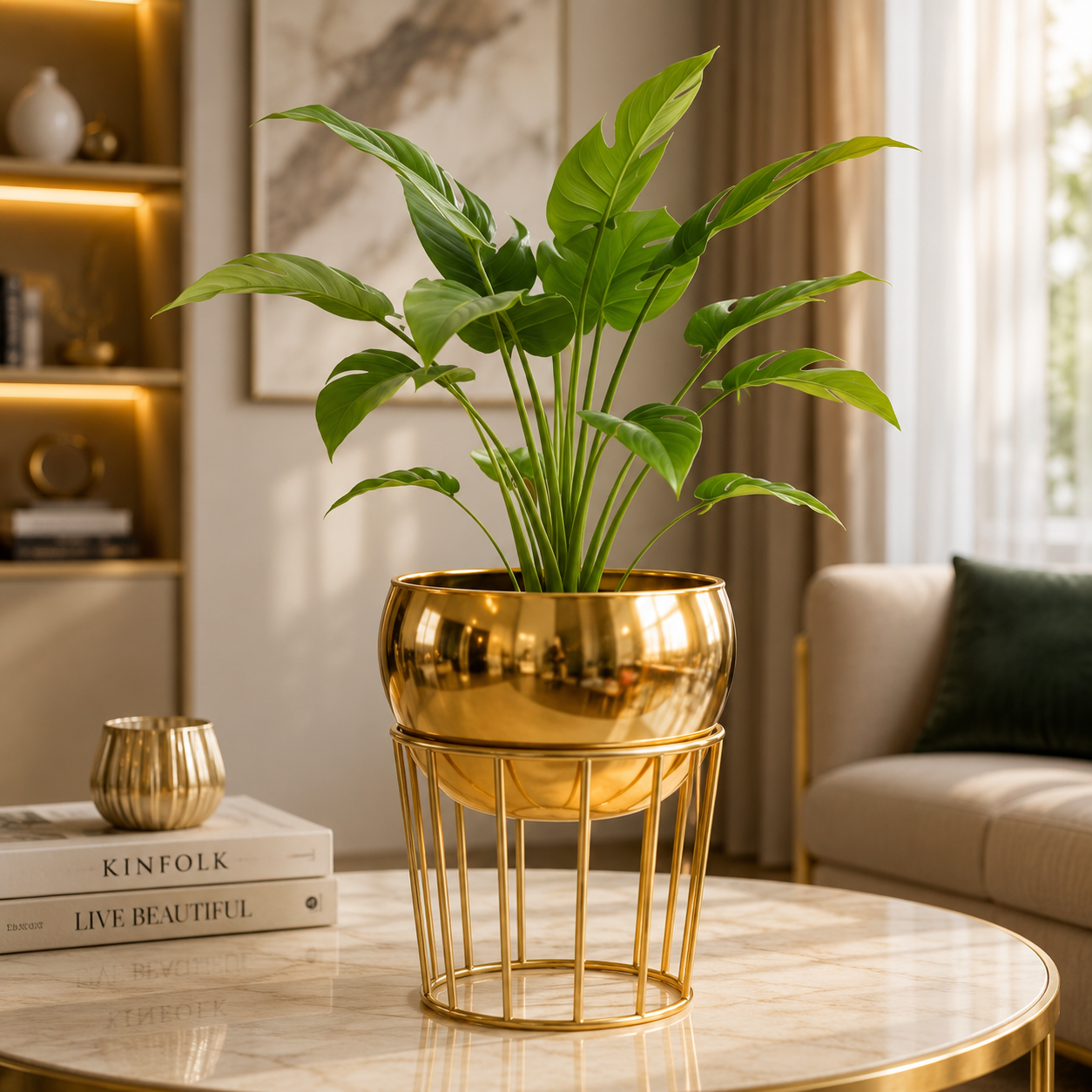 Luxury Gold Tabletop Metal Planter with Stand – Modern Decorative Plant Pot for Home & Office