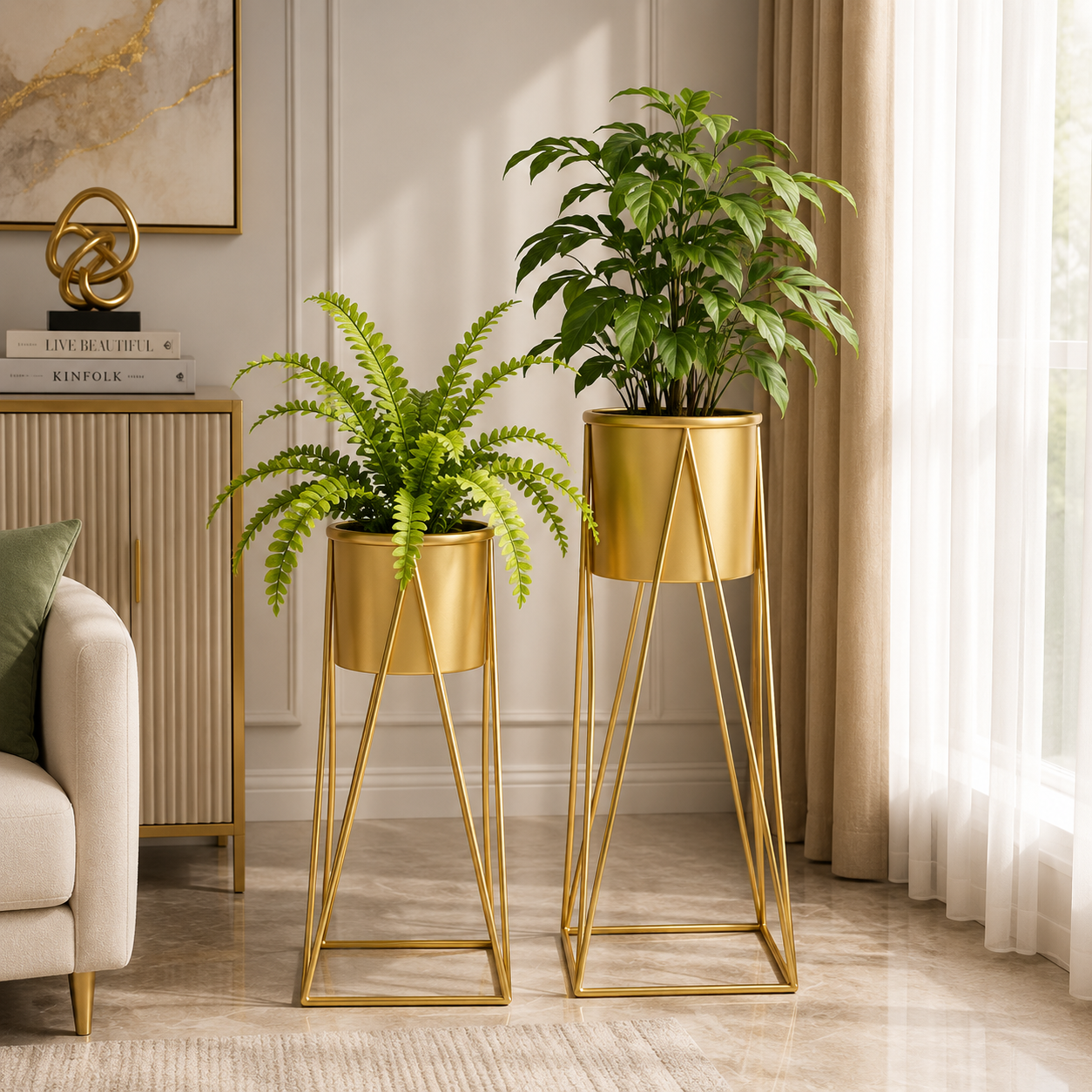 Luxury Gold Geometric Metal Planter Stand Set of 2 – Modern Floor Plant Holders for Elegant Home Décor
